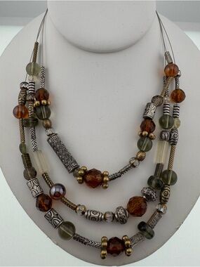 Premier Designs Multi-Strand Beaded Necklace - Olive & Brown on a wire